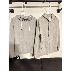 Men's Hoodie Lot Bundle 2 Gray Hoodies Size M Champion + Pullover Sweatshirt Set